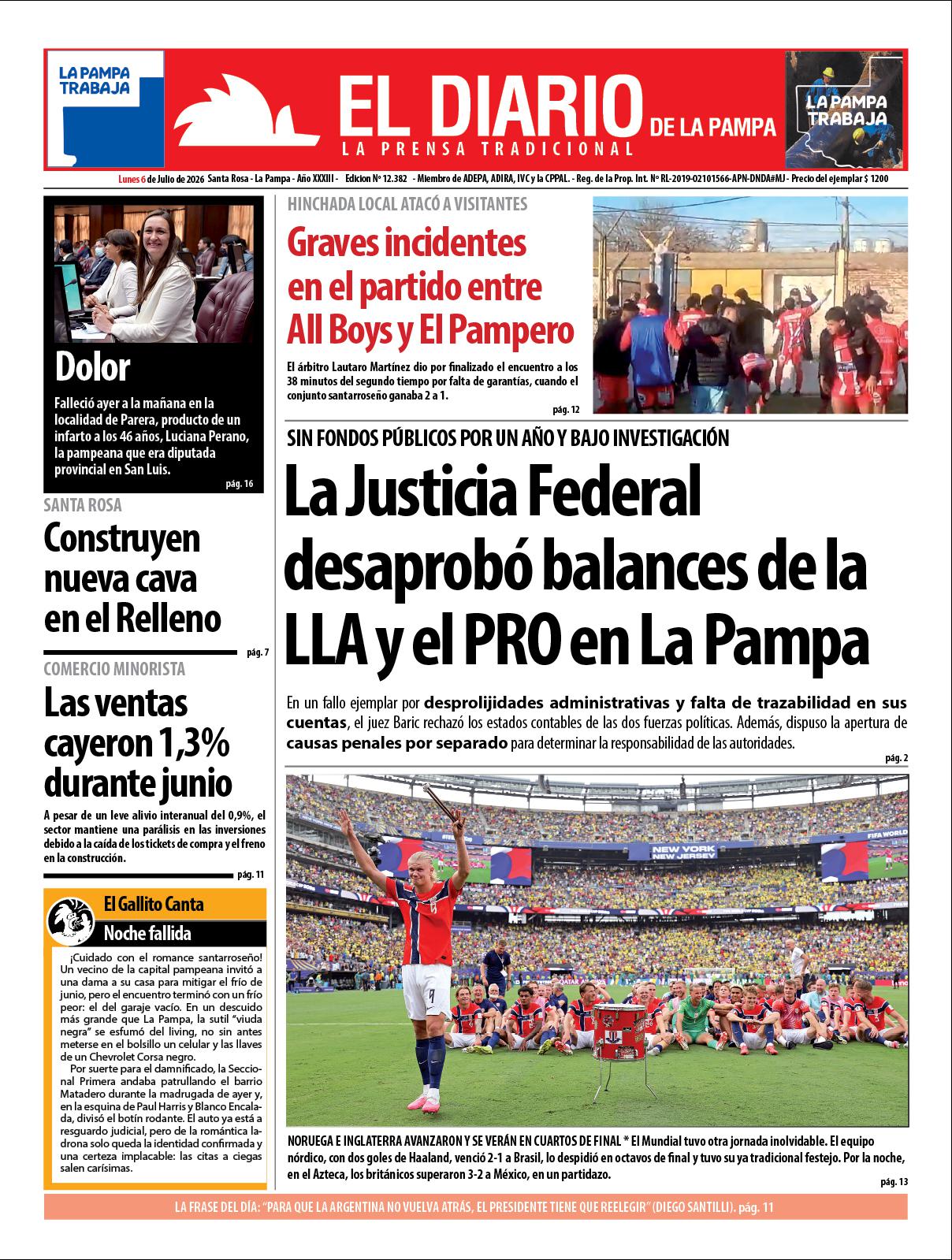 Tapa de El Diario en papel  lunes 06 de julio de 2026